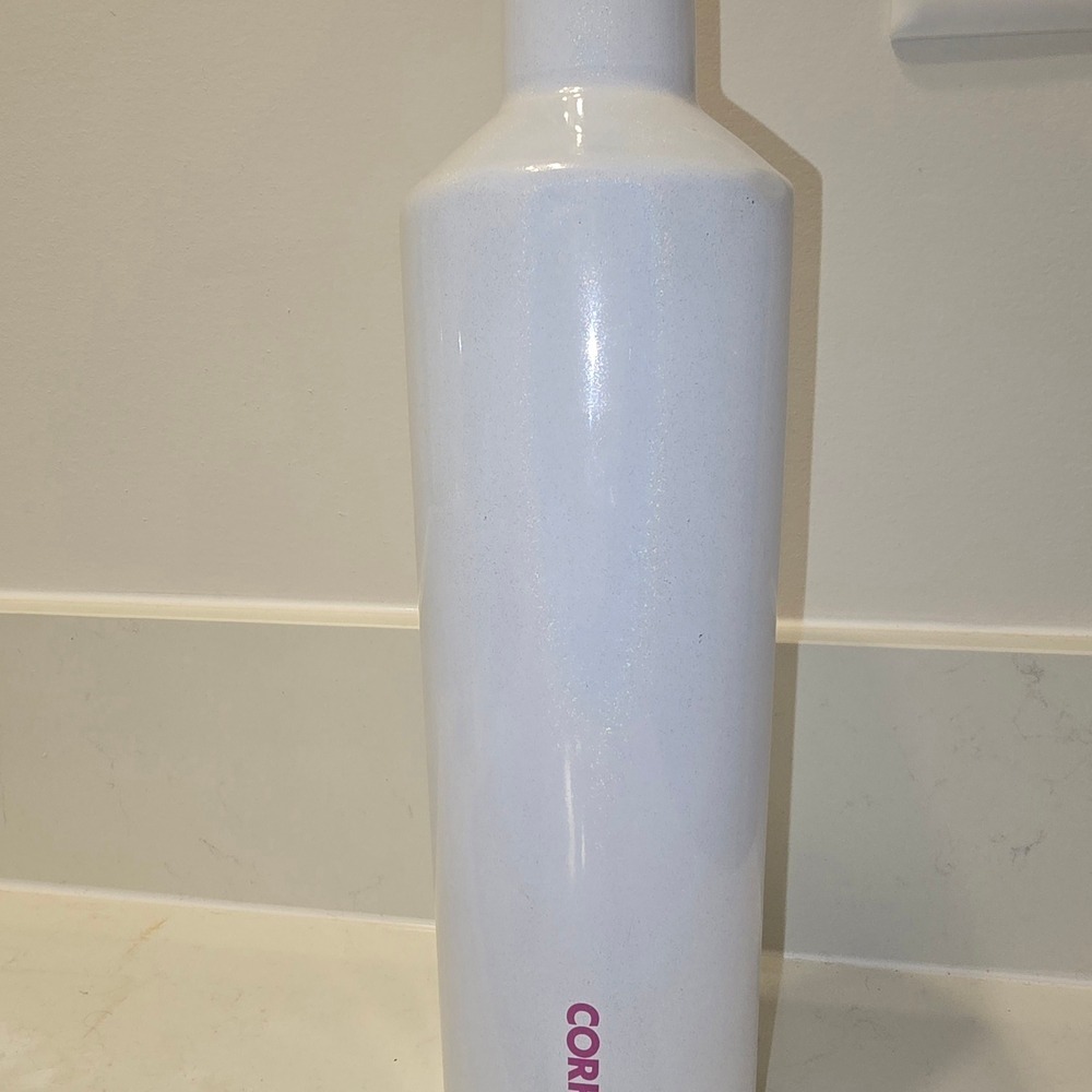 Corkcicle 25oz Stainless Steel Water Bottle in Glitter White With Pink Lettering